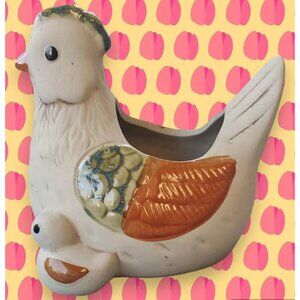 Vintage Pottery Chicken With Chick & Egg Planter 6" Partially Glazing Farmhouse